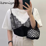 Two Piece Ropa Mujer Contrast Lace Patchwork Tops Loose T Shirt Short Sleeve Camisetas Summer Round Neck Clothes Women-Outfit