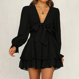 Fongt New Spring And Autumn V-Neck Long Sleeve Bubble Sleeves Pure Color With Lotus Leaf Side