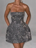 Black Glitter Removable Bow Tube Mini Dress-Outfit