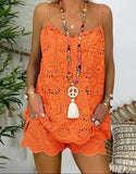 Fongt Sleeveless Drawstring Flounce Cut Out Vest Embroidered Shorts With Cotton