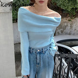 Feminino Off Shoulder Slash Neck Sweater Women Long Sleeve Knitwears Spring Spring Y2k Clothes Elegant Pullover Tops-Outfit