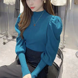 Korean Version Semi-High Round Collar Design Bubble Sleeve Knitted Sweater Autumn And Winter New Foreign Style Pullover Women's Dress-Outfit