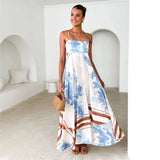 Fongt Women's Summer Fashion Print Strip Slings Sexy Big Swing High Waist Dress Women