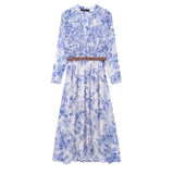 New Spring Style With Belt Laminated Decorative Print Dress 2298077-Outfit