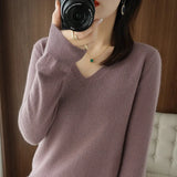 Fongt The 2023 Fall / Winter New Women's Knit Sweater Pullover Women's V-Neck Bottom Plush Sweater-Outfit