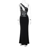 One Shoulder Deep Neck Open Back Black Maxi Dress-Outfit