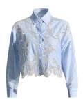 Fongt Stripe Retro See-Out Top Embroidery 2024 Autumn New Shirt Lace Female Short Style Advanced Sense-Outfit