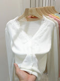 Sweet Soft Wool Cardigan Slim Women Patched Lace V Neck Full Sleeve Solid Color Autumn Spring Sweater Shirts-Outfit