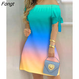 Ptint Colorblock Off Shoulder Tie Detail Casual Dress