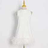 Fongt Sense Ostrich Hair Splicing Lady A-Line Dress 2024 Summer New Sleeveless Solid Color Dress-Outfit