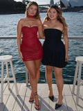 Red Sequin Strapless Draped Bodycon Mini Dress-Outfit