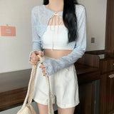 Short Cardigan Women Long Sleeve Thin Open Stitch Knitted Sweater Shirts Female Solid Shawl-Outfit