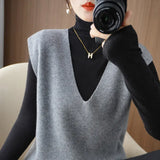 Fongt Blend 2024 Autumn Winter New Ladies Loose V-Neck Short Solid Color Set Knit Vest Vest Vest-Outfit