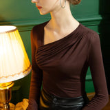 Collar Folds T-shirts Girls Long Sleeve High Stretch Modal Slim Tshirts Tops For Woman 2023 Autumn-Outfit