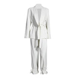 Casual Pink Trouser Suits Female Notched Long Sleeve Korean Slim Blazer High Waist Wide Leg Pants Women's Suit