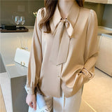 Silk Satin Loose Women's Blouse New Fashion Solid Bow Tie Shirt Casual Long Sleeve Autumn