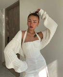 Fongt P Sexy Solid Color Ultra Short Long-Sleeved Sweater Coat-Outfit