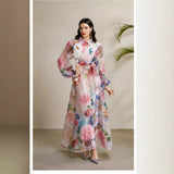 Fongt Court-Print Bubble-Sleeved Dress Women's Autumn Strap-In Belt Design Super Fairy Long Dress Dress