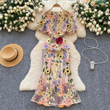 Fongt High-End Elegant Heavy Industry Flower Embroidery Round Collar Lantern Sleeves To Close The Waist Slim Slimmed Fishtail Dress Dress