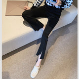 Fongt Fork Micro Bell Pants Female Irregular Edge Nine Pants Autumn New High Waist Show Thin Eight Pants Elastic Pants-Outfit