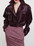 Fongt Temperament Jacket Jacket Female 2024 Autumn New Design Sense Big Lapel Splicing Pocket Short Leather Coat Female-Outfit