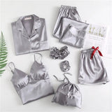 Spring 7 Pieces Set Silk Elegant Women Pajamas stripe Shorts Long Sleeve Tops Elastic Waist Pants Full Lounge