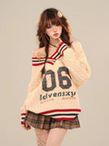 Brown V-neck Letter Print Oversize Sweater-Outfit