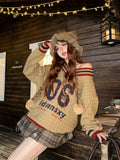 Brown V-neck Letter Print Oversize Sweater-Outfit