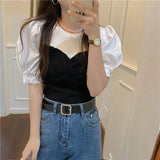 Splicing Two Knitted Short-Sleeved T-Shirt Spring 2025 New Women's Bubble Sleeve