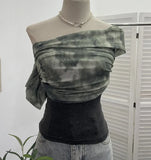 Real Shooting Can Wear Two-Wear Art Dizzy Net Yarn Spliced A Word Shoulder T-Shirt To Repair The Chest Short Babes Top