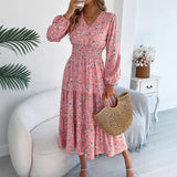 Shooting Autumn And Winter Elegant Flowers V Lead Long Sleeves To Close Waist Lotus Leaf Side A Dress Women's