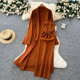 Fongt Simple Style Solid Knitted Light Sister Suit Girl Winter Body-Clamping T-Shirt Dress With Long Open Shirt Jacket