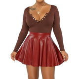 Fongt Women's 2024 Sexy Solid Color PU Skirt Women's Skirt Mini Skirt Skirt-Outfit