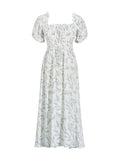 Fongt 2025 New Temperament Elegant Square Tie With Belt Print Bubble Sleeve High-End Long Dress