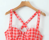 Red Plaid Plaid Dot Ruched Mini Dress-Outfit