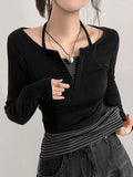 Fongt Sweet Style Simple Knitted Shirt Two Sets Of Striped Hanging Neck Hanging Sling + Half-Open Collar Long-Sleeved T-Shirt Top