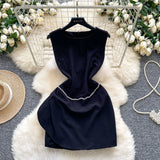 Fongt Collar Claved Open Waist Thin Sleeveless Single Buckle A Word Open Fork Denim Dress Casual Dress