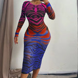 Fall Female Clothing Streetwear Wholesale Items Women Autumn Long Sleeve Printed Mesh See Through Bodycon