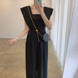 Chic Summer Retro Square Collar Collect Waist Show Thin Loose Versatile Long Sleeveless Jumpsuit Wide Leg Pants Woman-Outfit