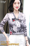 Silk Blouses Women Satin Print Blouse Women Long Sleeve Shirts Woman V-neck Silk Blouses Ladies Floral Blouse for