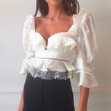 Vintage Patchwork Lace Shirt Female Square Collar Puff Sleeve Hollow Out Ruffles Short Blouse Women Fashion