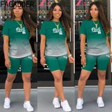 PINK Letter Print Gradient Two Piece Sets Women Round Neck Short Sleeve Top + Shorts Tracksuits Summer Fashion