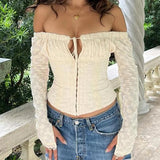 White Jacquard Front Hook Off Shoulder Long Sleeve Top-Outfit