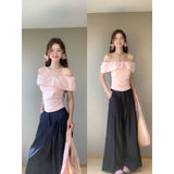 Fongt And Wear The Atmosphere Of The Lotus Leaf Side Shoulder Repair Folding Top With Straight Leisure Long Pants Set