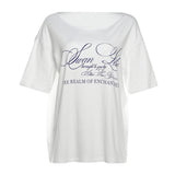 Fongt Summer New Women's Street Fashion Letter Print Slanted Shoulder Short-Sleeved Loose T-Shirt Top