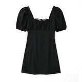Fongt New Spring 2023 Square Collar Solid Color Versatile Bubble Sleeve Back Band Open Back Dress-Outfit
