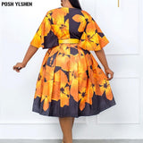 With Belt 2022 Summer African Floral Dress For Women Sexy Sweet V-Collar Flare Sleeve Robe Femme Style Print Porm Midi