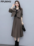 Office Mid Pleated Skirt Two Piece Sets Women Korean Short Blazer Jackets And A-line Skirts Suit Elegant Spring Fall