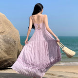 Purple Collar Sling Dress Female Summer Seaside Vacation Gentle Wind Dew Back Tea Break Fairy Long Skirt-Outfit