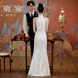 Fongt Chinese Champagne-Colored Engagement Cheongsam Toast Bridal Fishtail Dress Beautiful Registration Certificate Wedding Dress